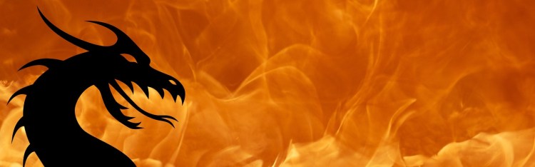 Dragon head silhouette wreathed in flames.